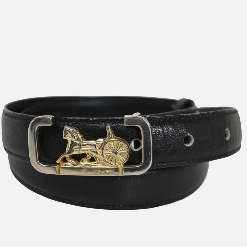 100% Authentic CELINE Vintage Horse Carriage Gold Buckle Black Leather Belt